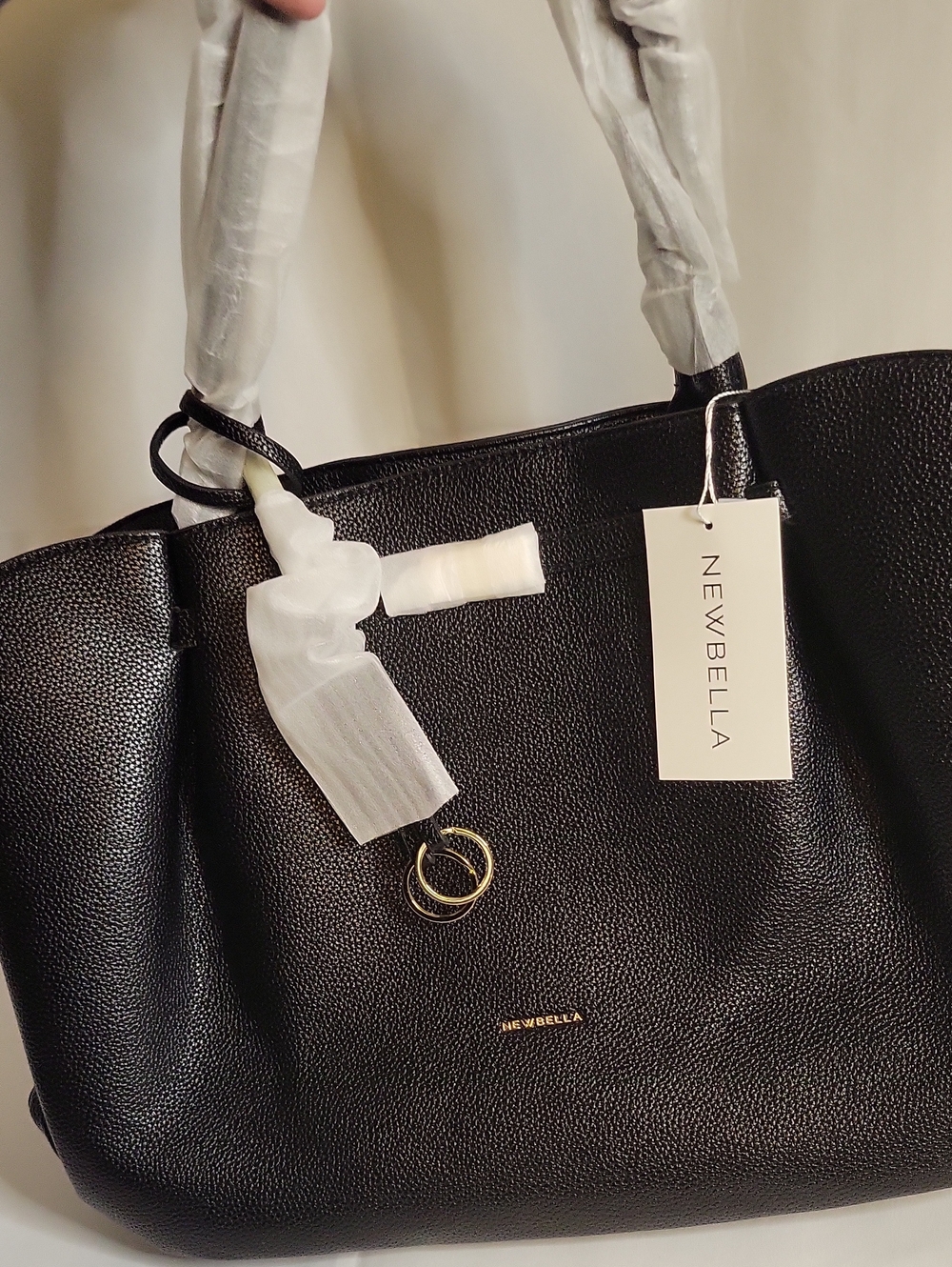 NEWBELLA Black Pebbled Tote with Gold Ring Charm